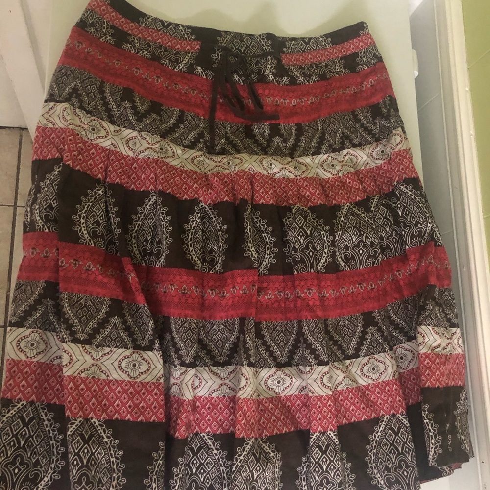 Ann Taylor LOFT Paisley Geometric A-Line Pleated Midi Skirt Brown Pink Size 12
